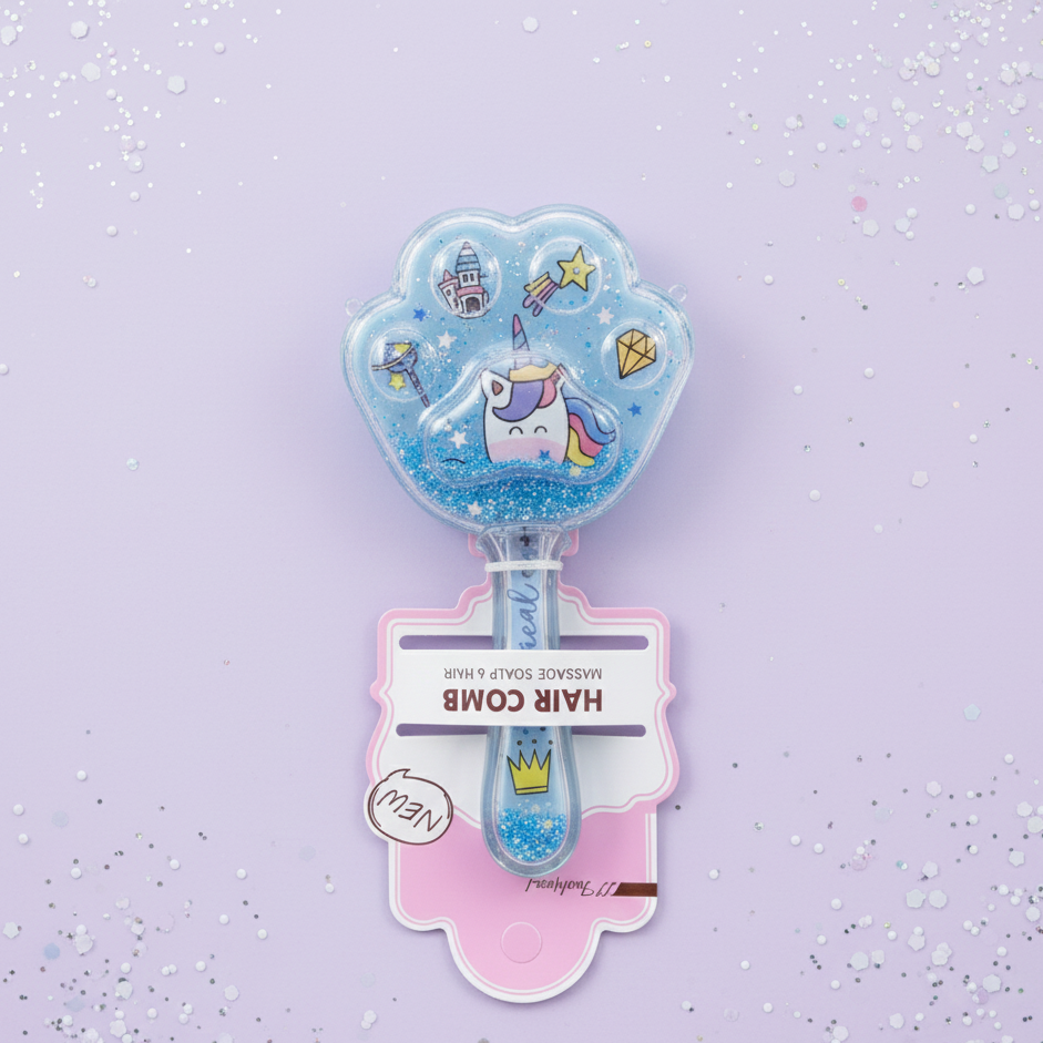 Unicorn Glitter Hair Brush for Kids | Paw-Shaped Detangling Scalp Massager (Random Colour)