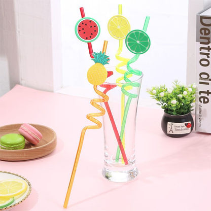 4-Piece Cartoon Fruit Spiral Drinking Straws – Reusable Kids Party Straws