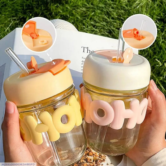 Insulated Glass Water Bottle with Cute Portable Travel Mug Design for School, Office, Coffee, Tea and Daily Hydration, Random Colour