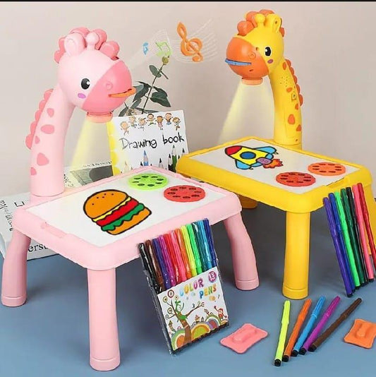 Kids LED Light Drawing Table Set with 16 Color Pens and Drawing Book, Creative Art Desk for Boys and Girls Ages 1–10, Pink and Yellow Giraffe Design