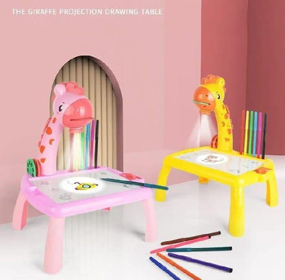Kids LED Light Drawing Table Set with 16 Color Pens and Drawing Book, Creative Art Desk for Boys and Girls Ages 1–10, Pink and Yellow Giraffe Design