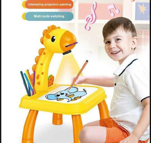 Kids LED Light Drawing Table Set with 16 Color Pens and Drawing Book, Creative Art Desk for Boys and Girls Ages 1–10, Pink and Yellow Giraffe Design