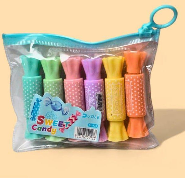 Candy Highlighter Pens Set of 6, Colorful Marker Pens for School, College, Office, Journaling, Note Taking and Study Supplies