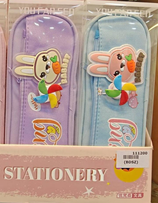 Cute Rabbit Rexine Pencil Pouch for Kids, Washable School Pencil Case with Zipper in Pink, Blue and Purple for Pens and Stationery