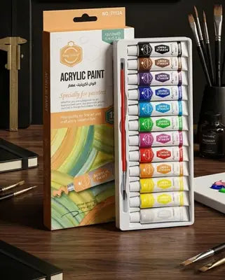 12-Piece Acrylic Paint Set with Vibrant Color Tubes for Canvas, Paper, Wood, Glass Painting, Art Supplies and DIY Crafts