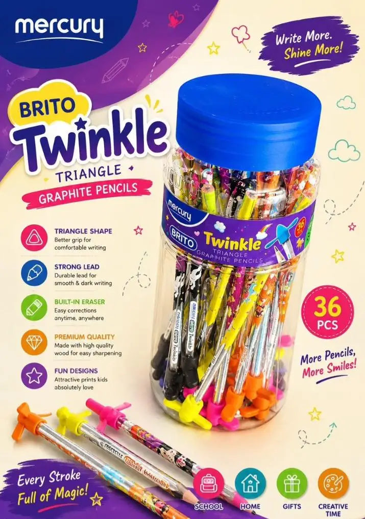 Mercury brand Brito Twinkle Triangle Graphite Pencils in a clear plastic jar with a blue cap, shown on a colorful promotional background with text highlighting 36 pieces and writing benefits.