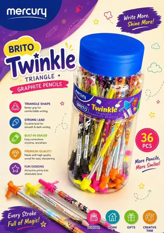 Mercury brand Brito Twinkle Triangle Graphite Pencils in a clear plastic jar with a blue cap, shown on a colorful promotional background with text highlighting 36 pieces and writing benefits.