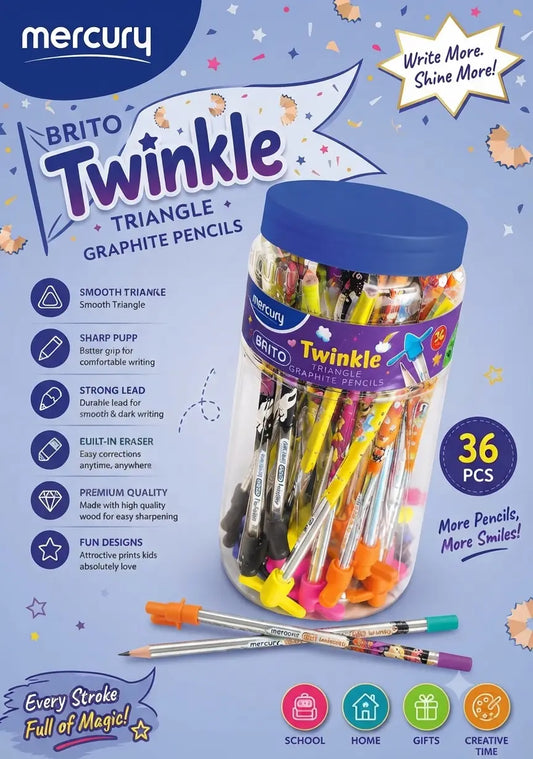 Mercury Brito Twinkle Triangle Graphite Pencils 36-Piece Set with Built-in Erasers, HB Wooden Pencils for School, Writing, Drawing and Sketching