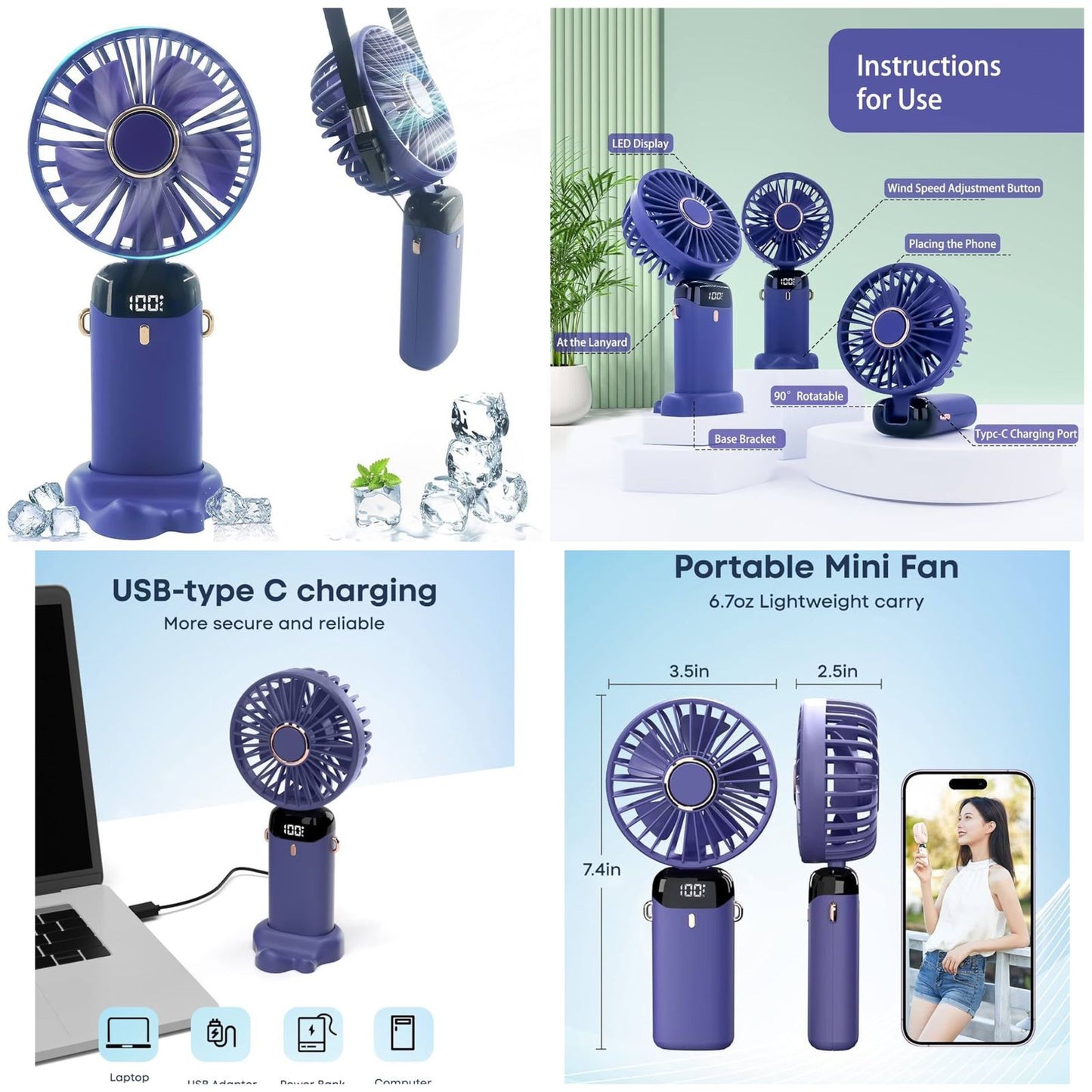 5-in-1 Portable Mini Fan with Digital Display – USB-C Rechargeable Handheld Fan (Random Colour)