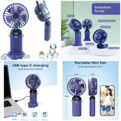 5-in-1 Portable Mini Fan with Digital Display – USB-C Rechargeable Handheld Fan (Random Colour)