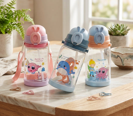 Kids Rabbit Water Sipper Bottle with Straw, Leak-Proof BPA-Free Plastic Water Bottle for School, Daycare, Travel and Outdoor Activities