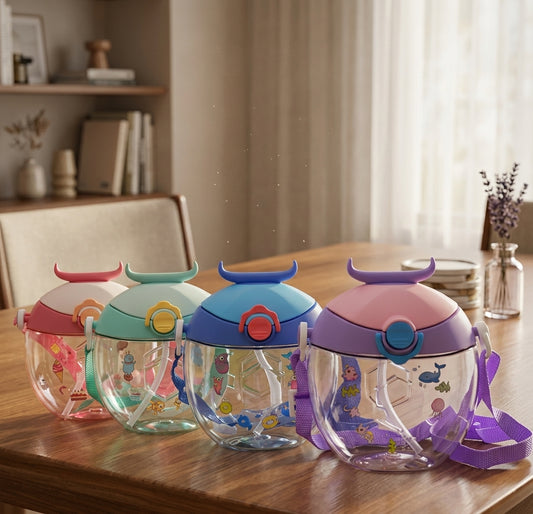 Kids Water Shower Sipper Bottle – Leak-Proof BPA-Free Water Bottle with Straw & Shoulder Strap