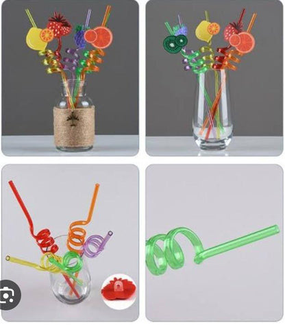 4-Piece Cartoon Fruit Spiral Drinking Straws – Reusable Kids Party Straws