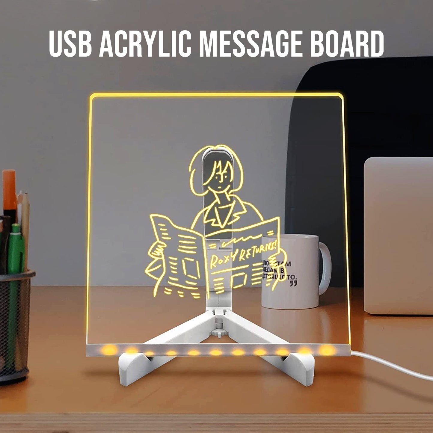 6x6 Inch LED Acrylic Writing Board with USB Light & 4 Markers  (Random Color)